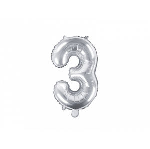 PartyDeco Fóliový balónek Mini - Číslo 3 stříbrný 35cm