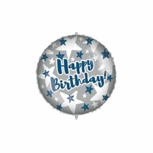 Procos Fóliový balón - Happy Birthday s hvězdami - šedě modrý 46 cm