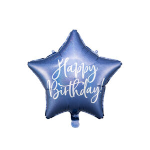 PartyDeco Fóliový balón hvězda - Happy Birthday královská modrá 40 cm