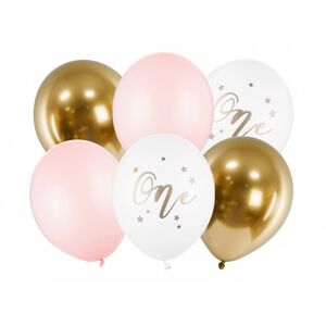 PartyDeco Latexové balóny - První narozeniny růžové 6 ks