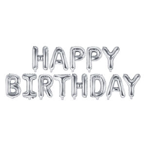 PartyDeco Fóliový balón - Happy Birthday nápis stříbrný 340x35cm