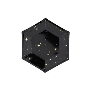 PartyDeco Talíře - černé se zlatými hvězdičkami 20 cm 6 ks