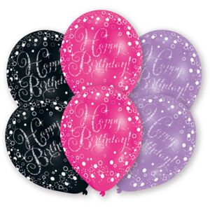 Amscan Latexové balónky Happy Birthday růžové/černé/fialové 6 ks