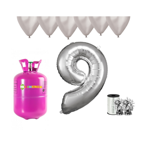 HeliumKing Helium párty set na 9. narozeniny se stříbrnými balónky