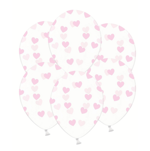 PartyDeco Balón - Priesvitný s ružovými srdiečkami 50 ks
