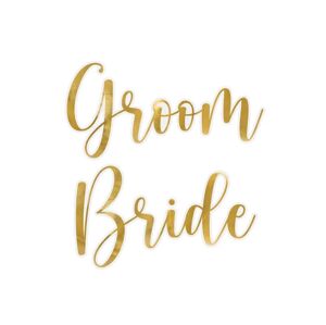 PartyDeco Svatební nálepky na sklenice zlaté - Bride & Groom